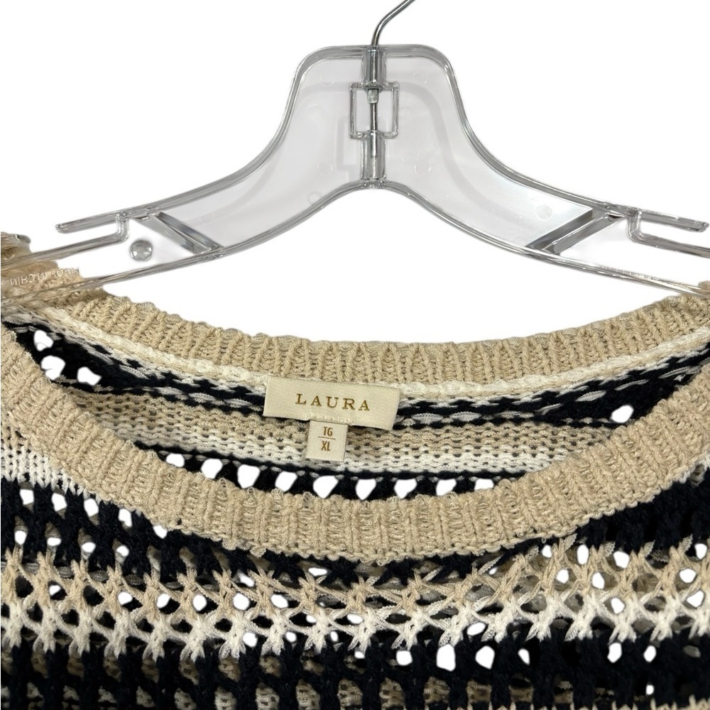 NEW, Laura, Striped Open-Knit Sweater, XL, Black, White, Cream - Picture 3 of 9
